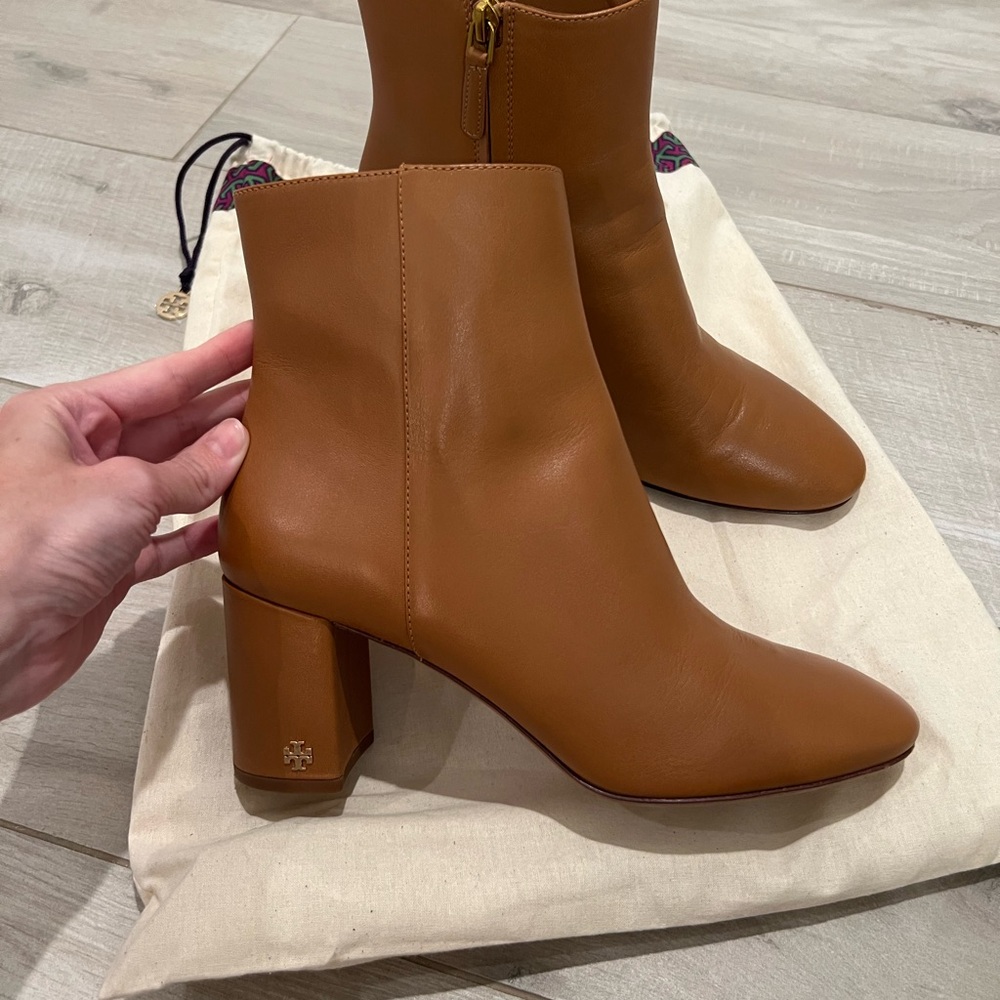 Tory Burch Cognac Leather Block Heel Ankle Boots